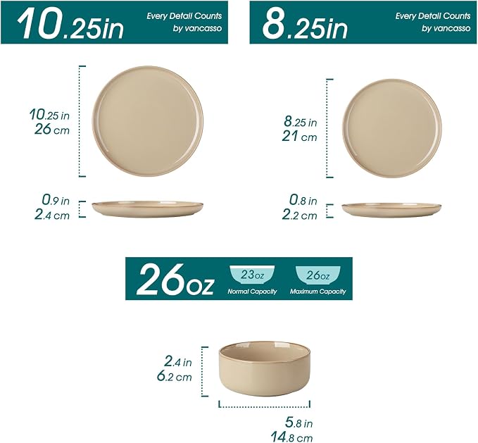 vancasso PLAYA Ceramic Plates and Bowls Sets, 24 Pieces Brown Dinnerware Sets