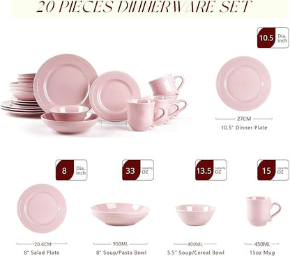 Pearl Dots Stoneware Dinnerware Set (20pc Set, Pink)