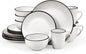 Homlouue 16 Pieces Stoneware Dinnerware Set, Speckled Ceramic Plates and Bowls Mugs Sets Service for 4, Ceramic Dishes Set, Microwave and Dishwasher Safe(White with Black Rim)