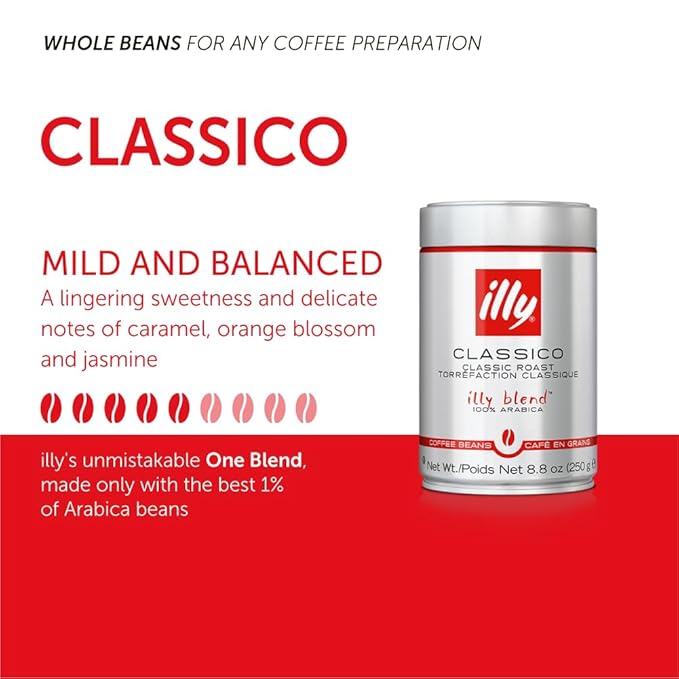 Illy Whole Bean Coffee, Classico Medium Roast - Mild & Balanced - 100% Arabica - Whole Beans - Pressurized Packaging Sealed for Freshness - 8.8oz can (Pack of 6)
