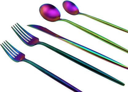 JASHII 18/10 Stainless Steel 5-Piece Matte Rainbow colorful Flatware Set,Dinner Knife Fork Salad Fork Dessert Spoon, Service for 1, Luxury Silverware Cutlery Utensil Sets