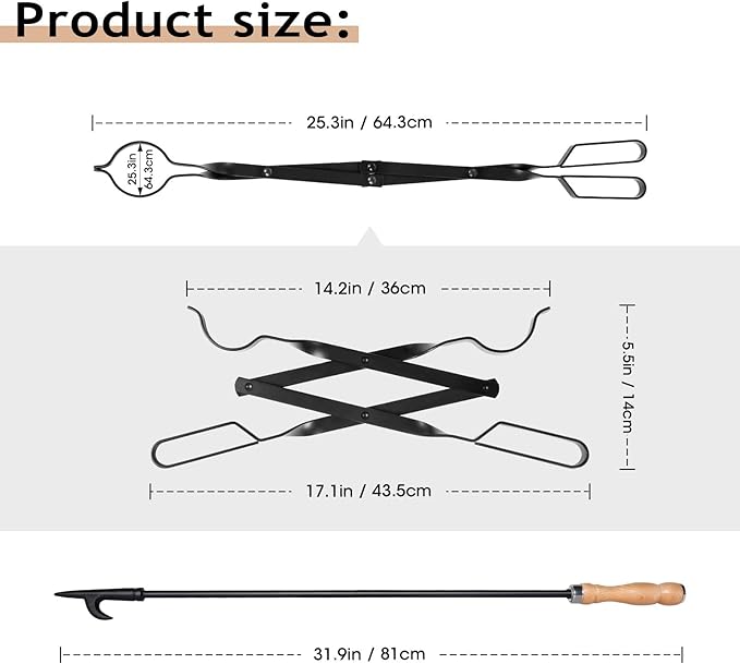 26" Fireplace Fire Pit Tongs & 32" Fire Pit Poker, Fireplace Wood Stove Firewood Tongs, Black Heavy Duty Wrought Iron Log Grabber Fire Pit Tools for Campfire, Fireplace, Bonfires, Indoor&Outdoor Use
