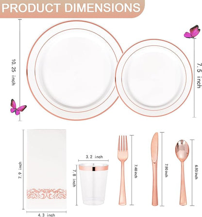 Supernal 400pcs Rose Gold Plastic Plates Disaposable Heavy Duty included Disposable Utensils& Plastic Party Plates Disaposable Party Cups and Napkins Sets for Wedding Party and Birthday