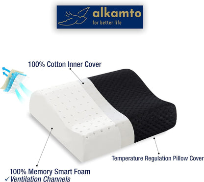 Travel & Camping Comfortable Memory Foam Pillow – Easy to Carry Portable Bag – Temperature Regulating Pillow Case (Black Contour + Extra Cover)