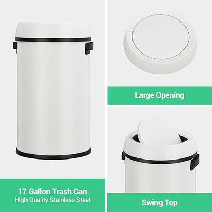 Garvee 17 gal/65 L Trash Can, Fingerprint-Proof Stainless Steel Swing Top Garbage Can, Heavy Duty Commercial Round Trash Bin with Swing Lid for Restaurant, Home, Office,White