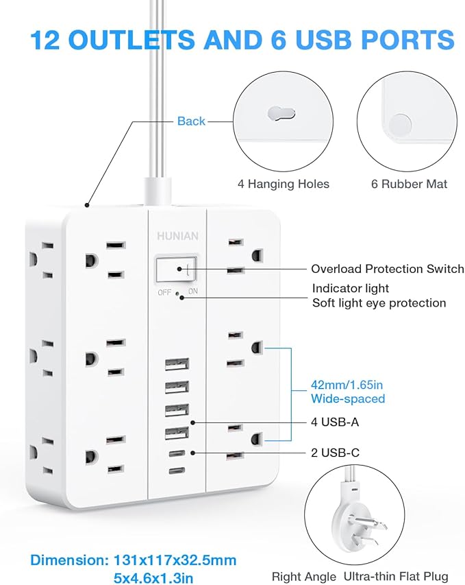 Surge Protector Power Strip 15 Ft Cord, HUNIAN Flat Plug Extension Cord with 12 Widely Spaced Outlets 6 USB Charger (2 USB C Ports), Desk Charging Station for Home Office Supplies, Dorm Room, White