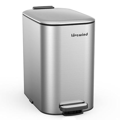 Lovewind Trash Can with Lid, 5.2 Gallon/20 L Footstep Garbage Can for Kitchen Bathroom Bedroom Home Office, 20 Liter Trash Bin Brushed Stainless Steel Waste Bin with Soft-Close Lid, Silver
