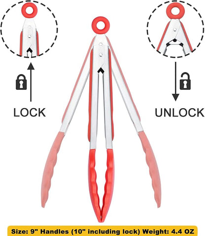 Silicone Cooking Tongs 9-Inch Serving Tongs, Set of 3 (Red)