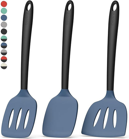 Coukre 3 Pack Silicone Spatula Set, High Heat Resistant, BPA-Free, Fish Spatula, Solid & Slotted Turner for Non-Stick Pans, Flipping Eggs, Pancakes, Fish, Burgers (3, DarkBlueBlack)