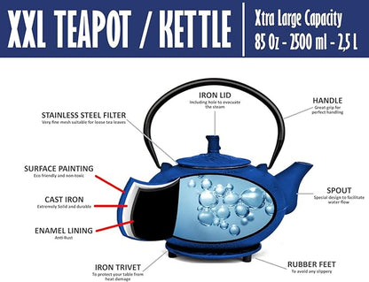 XXL Japanese Cast Iron Teapot with Infuser & Matching Trivet - Large 85 Oz/2500ml Tetsubin Loose Leaf Tea Pot with Enamel Interior - Handcrafted Big Cast Iron Tea Kettle Humidifier Set - Blue