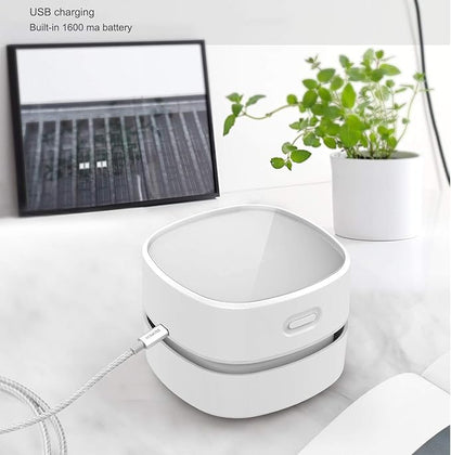ODISTAR Desktop Vacuum Cleaner,Mini Table dust Sweeper Energy Saving with auto Power-Off Function,High Endurance up to 400 mins,Cordless&360º Rotatable for Keyboard/Home/Office (White USB Charging)