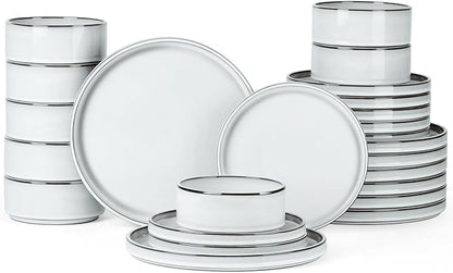 Onader Dinnerware Dishes Sets for 8, Stoneware Plates and Bowls with Unglazed Terracotta Bottom, Ceramic Kitchen Dinner Dish Set, 24 Piece - Glacier White