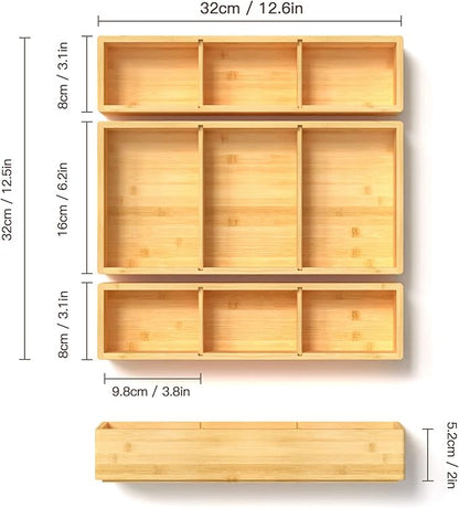 Bamboo Drawer Organizer 12.5'' X 12.5'' X 2'', Adjustable 3 Individual Junk Drawer organizer for Bathroom and Kitchen, Wood Drawer Tea Organier Boxes for Silverware, Make up and Tea Bag