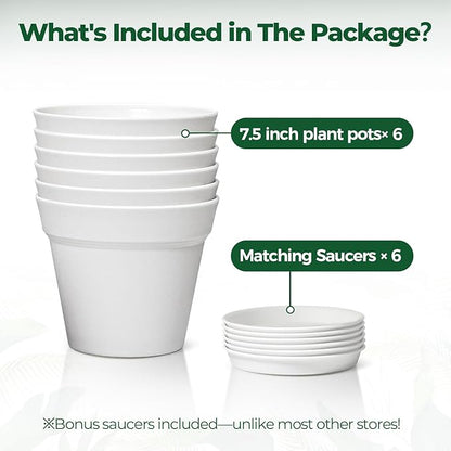 T4U 7.5 Inch Plant Pots 6 Pcs, Flower Pots for Plants, Plastic Planter Pots for Indoor Plants with Drainage Holes and Saucer (6 Pcs, 7.5", White)