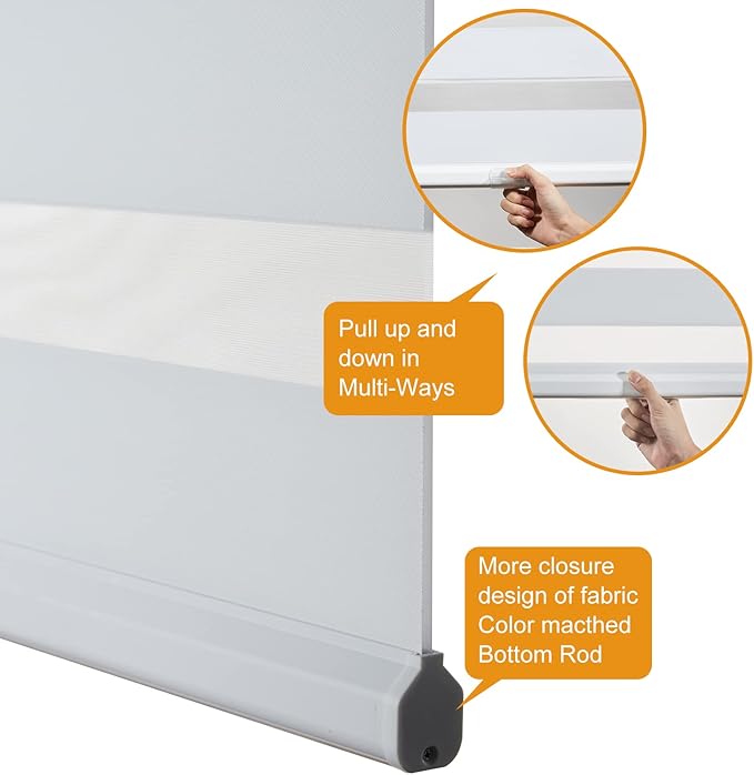 Persilux Cordless Zebra Blinds for Windows, Light Filtering Roller Shades for Windows (16" W x 72" H, White) Light Control for Day and Night, Sheer Shades for Home, Office, Bedroom and Bathroom