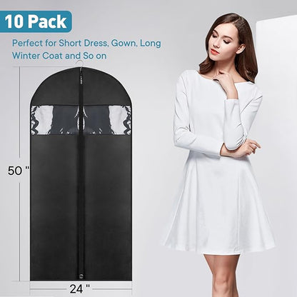 50" Black Garment Bag, Mens Suit Bags for Closet Storage and Travel, Garment Bags for Hanging Clothes, Suit Cover Bags with Zipper for Coats, Dresses, Shirts, 10 Packs