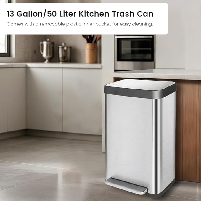 50 Liter / 13 Gallon Trash Can, Fingerprint Proof Stainless Steel Kitchen Trash Can with Removable Inner Bucket, Step Trash Bin for Home Offices and Public Areas