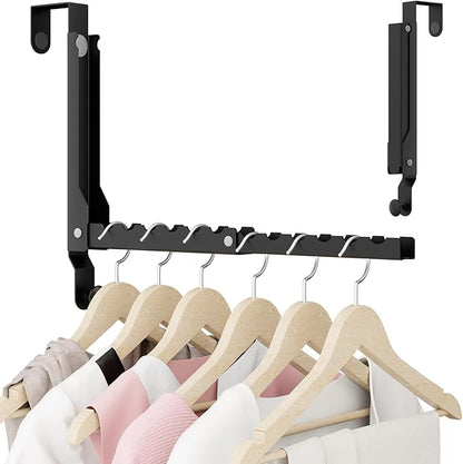 BAKON Over The Door Hangers, Over Door Hooks for Hanging, Small Space Dual Folding Portable Over Door Clothes Hanger for Clothes, Hats, Bags and Towels (1Pack,Black(Update))