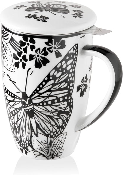 Sweejar Porcelain Tea Infuser Mug with Lid, 16 oz Teacup with Strainers for Loose Leaf Tea, Microwave and Dishwasher Safe Coffee Mug(Onyx Wing)