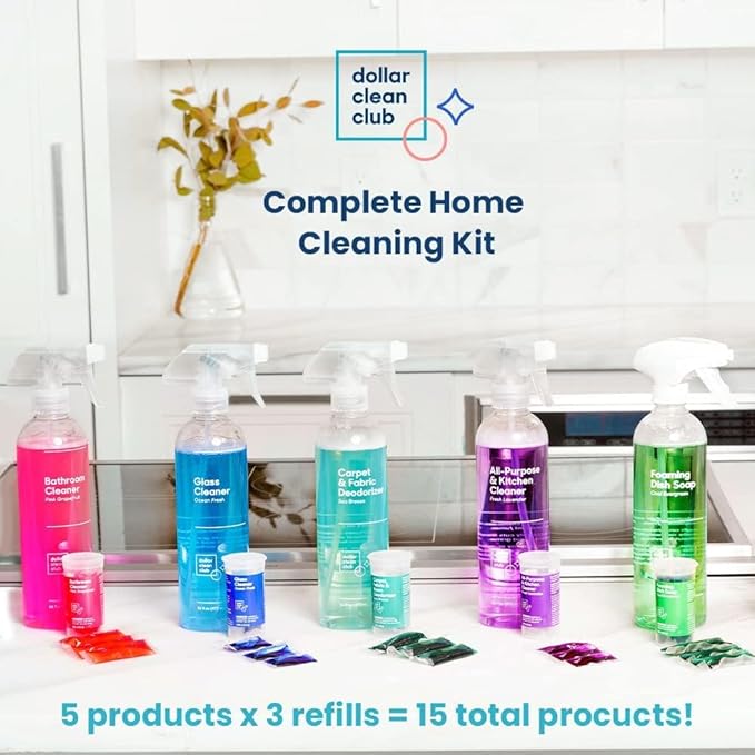 Complete Home Cleaning 15 Pack Kit, Kitchen, Bathroom, Carpet, Dish, and Glass Cleaner Refills