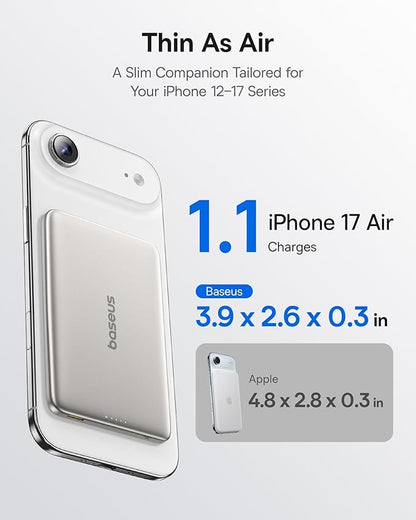 Baseus Picogo Power Bank, 0.3" Ultra Slim 5000mAh MagSafe Portable Charger with USB-C Braided Cable, Card-Size Magnetic Battery Pack, Alloy Wireless Fast Charger for iPhone 16/15/14/13/12, Lightweight