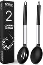Pack of 2 Large Silicone Cooking Spoons, Non-Stick Stainless Steel Slotted and Solid Spoon Set for Serving, Mixing, Draining, Heat Resistant, Scratch Resistant and BPA Free Kitchen Scoops (Black)