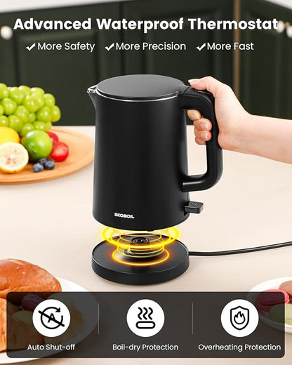 Electric Kettle Small for Tea & Coffee, 0.8L (27OZ) Double Wall Stainless Steel Hot Water Boiler, Fast Boiling Water Heater & Teapot with Auto Shut-Off, Boil-Dry Protection