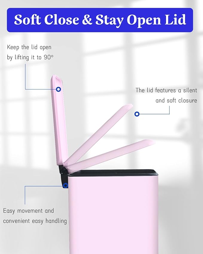 Rubbish Bin with Lid, 10 L, Stainless Steel Bathroom Waste Bin, Small Waste Bin, Pedal Bin, Stainless Steel for Bathroom, Bedroom and Office, Pink