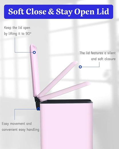 Bathroom Trash Can with Lid, 1.3 Gallon Trash Can with Removable Inner Bucket, Stainless Steel Garbage Can, Soft Close, Slim Pedal Trash Bin for Small Place, 5 Liters, Pink