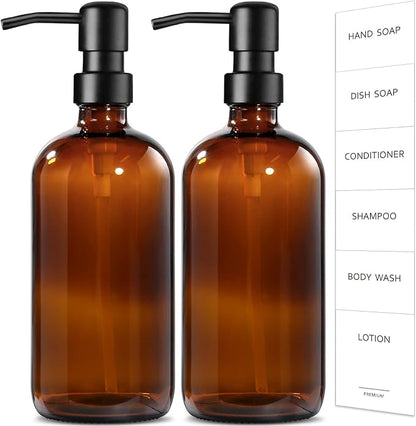 GMISUN Amber Glass Soap Dispenser, 2 Pack Bathroom Hand Soap Dispensers with Stainless Steel Pump, 17 Fl Oz Kitchen Hand and Dish Soap Dispenser Set, Modern Vintage Liquid Brown Soap Dispensers Bottle