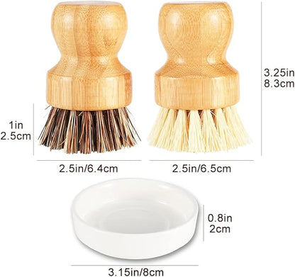 Bamboo Dish Brush with Ceramic Dish, Natural Bristle Palm Brush Pot Scrubber for Cast Iron Pans Vegetables and Kitchen Sink Cleaning - 2 Pack