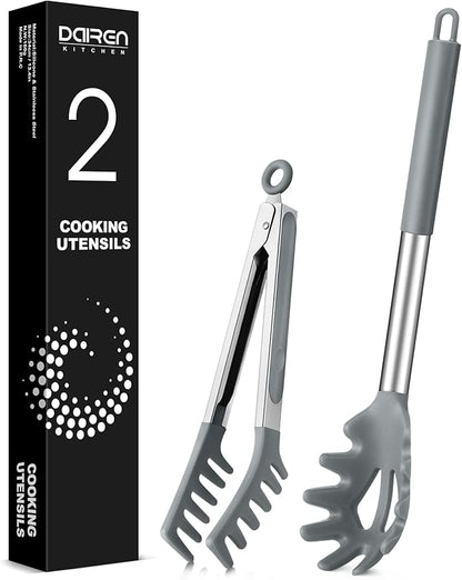 Spaghetti Spoon and Pasta Tong, Non-stick Silicone Spoon Server Fork With Teeth and Stainless Steel Handle, Food Clip for Noodles (Grey)