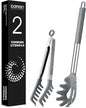 Spaghetti Spoon and Pasta Tong, Non-stick Silicone Spoon Server Fork With Teeth and Stainless Steel Handle, Food Clip for Noodles (Grey)