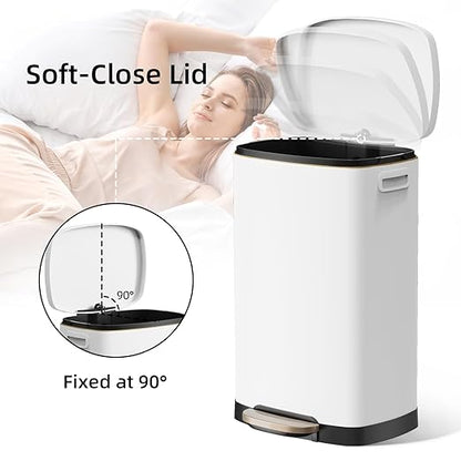 KUK 13 Gallon Kitchen Trash Can with Lid, 50L/13Gal Office Step Garbage Can for Home, Kitchen, Laundry Room, Office, Brushed Stainless Steel, White