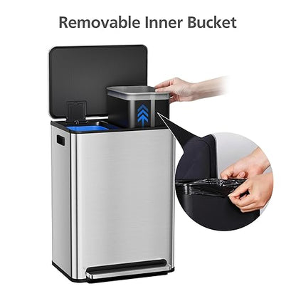 GarveeHome 60 L/16 gal Kitchen Trash Can,2×8 gal Pedal Trash Bin with Removable Baskets,Stainless Steel Garbage Can for Kitchen Office Restaurant School Hospital