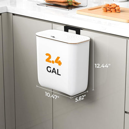 2.4 Gallon Hanging Trash Can - Small Under Sink Trash Can with Lid, Wall Mounted Compost Bin for Kitchen Cupboard Countertop, Odor-Control, Extended Clamping Ring, PET Material, White