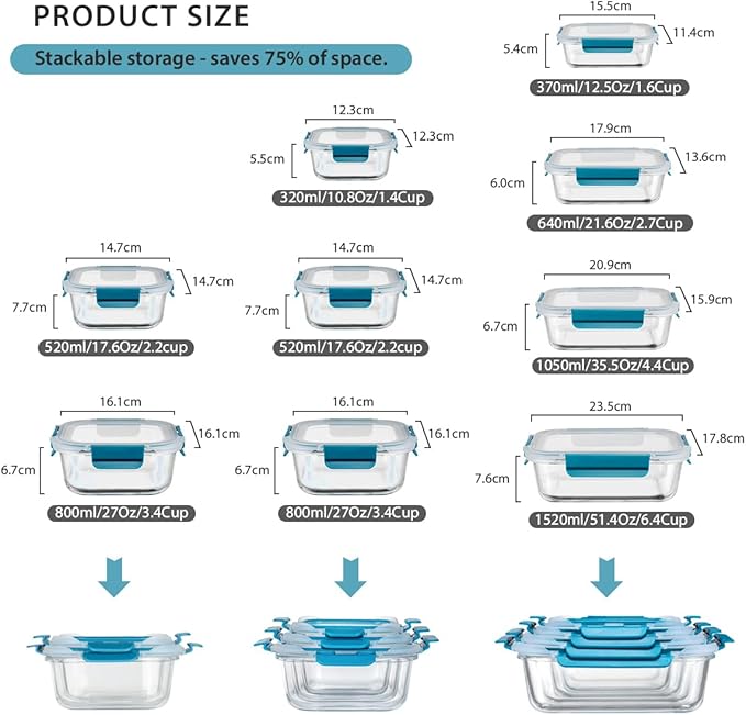 GENICOOK 9-Pack Glass Food Storage Containers with Airtight Lids-Glass Meal Prep Containers/Bento Box/Microwave Freezer Dishwasher Safe-Glass Lunch Box for Kitchen,Stackable,Large Capacity, BPA Free