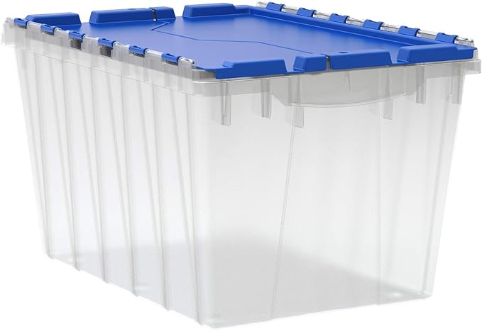Akro-Mils KeepBox 12 Gallon Storage Container, Nesting and Stackable Plastic Storage Box with Lid Attached, Clear Tote for Garages, Closets, and Moving, 21-1/2" x 15" x 12-1/2", Clear/Blue