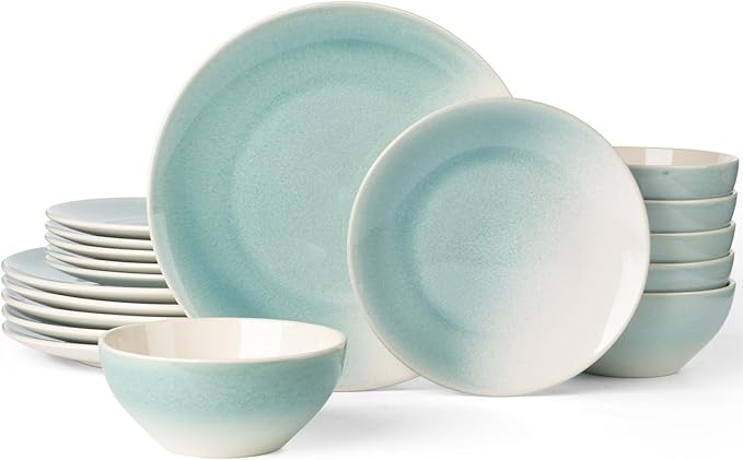 Famiware Glacier Dinnerware Sets, Plates and Bowls Dish Sets for 6 (18 Pieces), Stoneware Tableware - Dishwasher and Microwave Safe, Handcrafted Reactive Glaze, Aqua