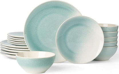 Famiware Glacier Dinnerware Sets, Plates and Bowls Dish Sets for 6 (18 Pieces), Stoneware Tableware - Dishwasher and Microwave Safe, Handcrafted Reactive Glaze, Aqua