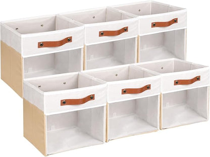 HNZIGE 11 Inch Foldable Fabric Storage Cubes - Clear Bins for Shelves, Canvas Cube Organizer Bins (White Beige 6 PCS)