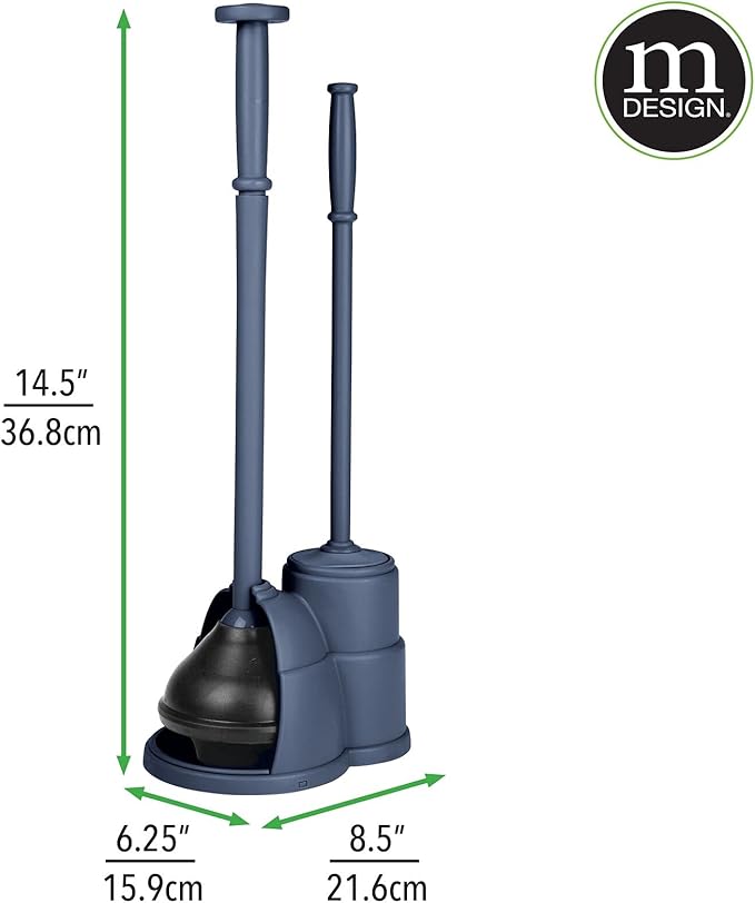 mDesign Plunger and Brush Set for Toilet Bowl - Hidden, Modern Toilet Brush and Plunger Set with Caddy - Brush Cleaner and Plunger Combo with Holder for Bathroom - Hyde Collection - Navy Blue