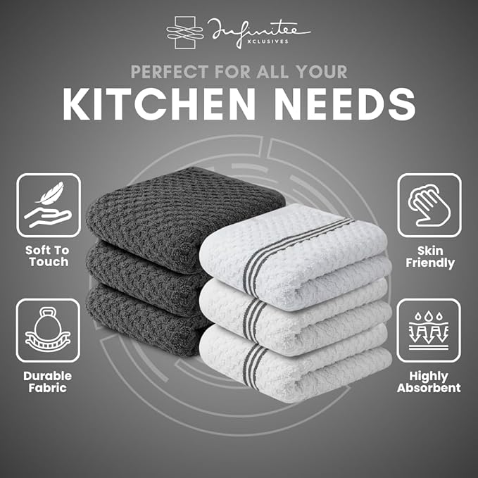 Infinitee Xclusives 100% Cotton Kitchen Towels - 15x25 Inch Ultra Soft Tea Towel, Super Absorbent Terry Dish Towels for Kitchen Linens |Grey|
