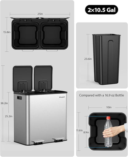 Lovewind Trash Can, 2 x 10.5 Gallon (2 x 40 L) Garbage Can for Kitchen Dual Compartment Recycling Kitchen Step Trash Bin, Stainless Steel Trash and Recycle Bin Combo with Soft-Close Lid, Silver