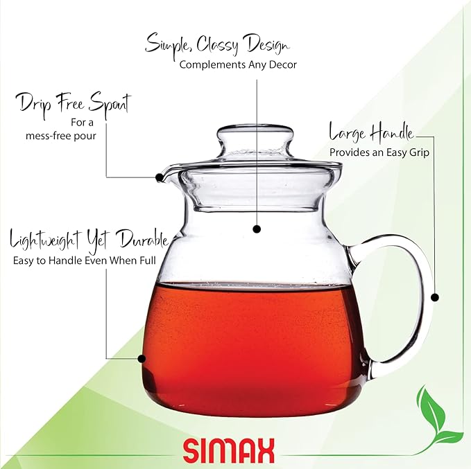 Simax Glassware 20 Oz. Glass Teapot | Short Spout, Microwave and Stovetop Safe, Heat, Cold, and Thermal Shock Resistant Borosilicate Glass, Makes a Stunning Presentation