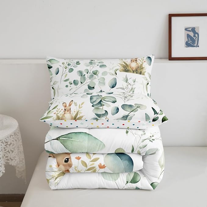 Erosebridal Girls Kawaii Animal Twin Comforter Set Cute Rabbit Bedding Set Twin, Cartoon Wildlife Bedding Comforter Sets Green Leaf Duvet Set, Spring Plant Quilted Comforter Child Kids Bedroom Decor