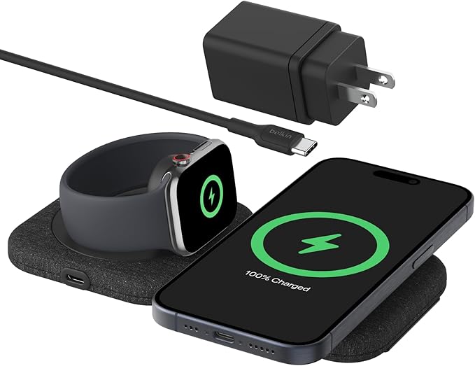 Belkin 2-in-1 Magnetic Charging Travel Pad 15W - MagSafe-Compatible Foldable Qi2-Certified Wireless Charging Station, iPhone Charger for iPhone 16 Series, Apple Watch 9, AirPods, and More - Black