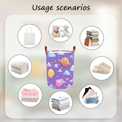 Laundry Baskets 15.7x19.7 Inch Large Cartoon Planets Clouds Design Collapsible Laundry Hamper with Handles Oxford Fabric Clothes Storage Bin Foldable Dirty Clothes Organizer for Bedroom Bathroom Dorm