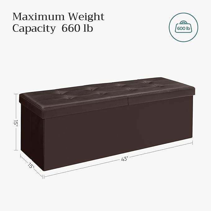 SONGMICS MAZIE Collection - 43 Inches Storage Ottoman Bench with Flipping Lid, Storage Chest with Iron Frame Support, Load 660 lb, for Living Room, Bedroom, Synthetic Leather, Brown ULSF75BR