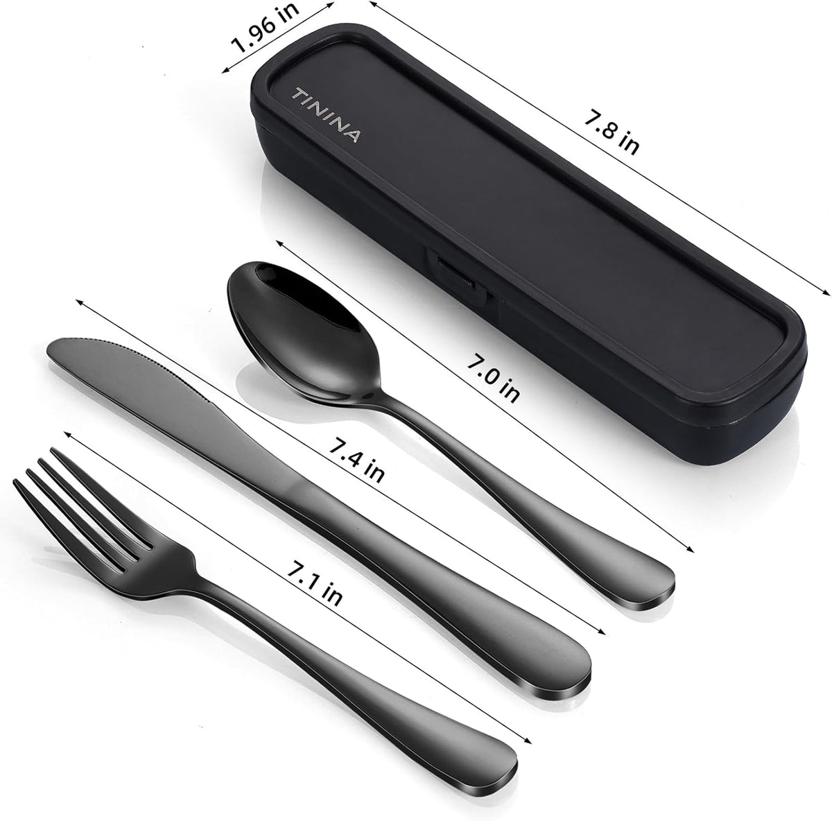 Travel Utensils with Case, 4-Piece Stainless Steel Portable Cutlery Set, Reinforced Case with Buckle Design, Lunch Box for Camping Work School, Include Fork Spoon Knife, Dishwasher Safe, Black